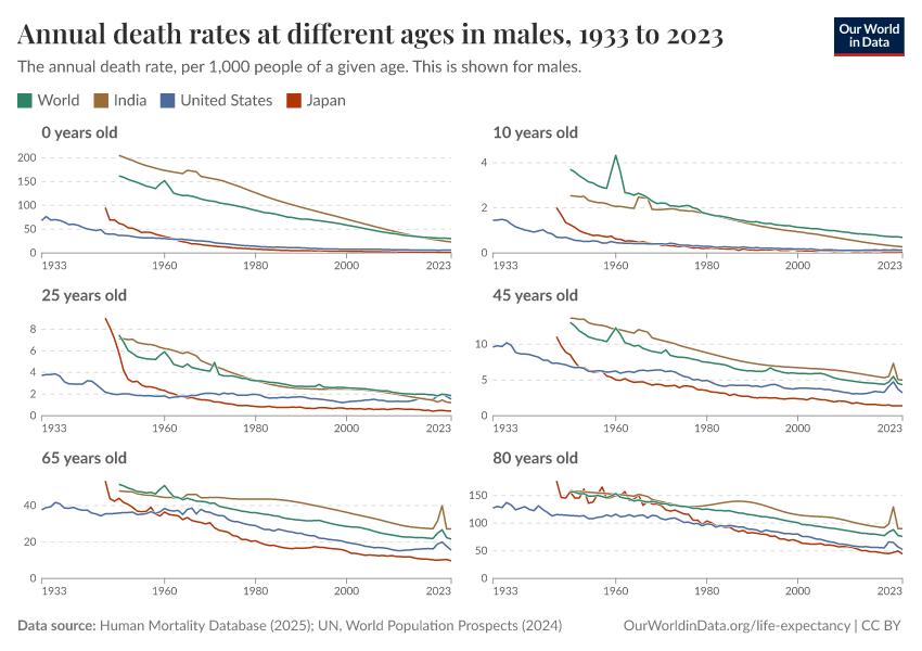 Annual death rates at different ages in males